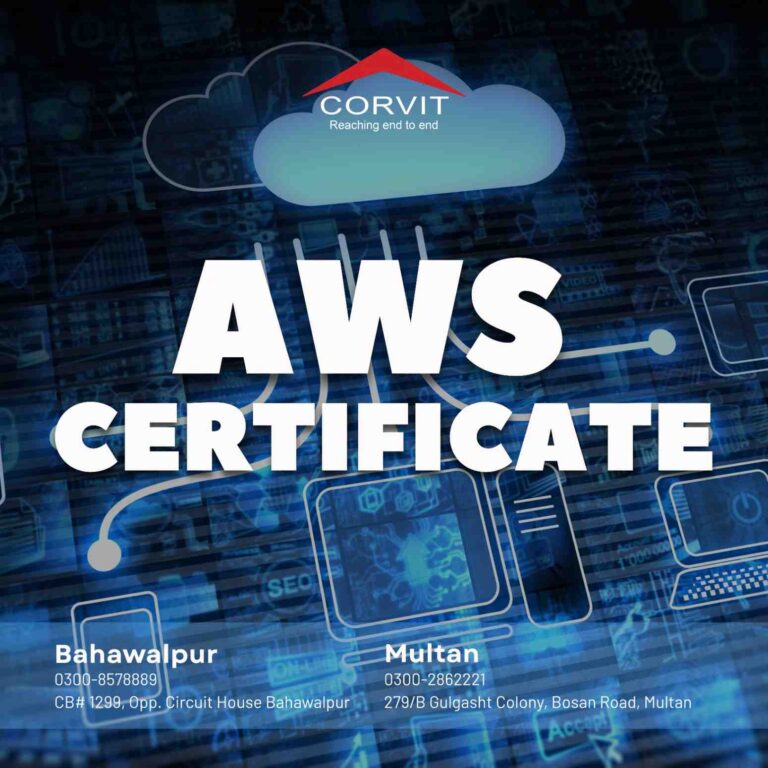 A student at Corvit Multan learning about AWS architecture on a computer.