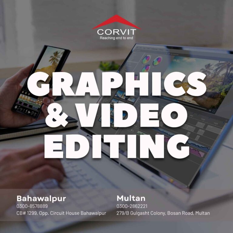 A student at Corvit Multan editing a video in Adobe Premiere Pro.