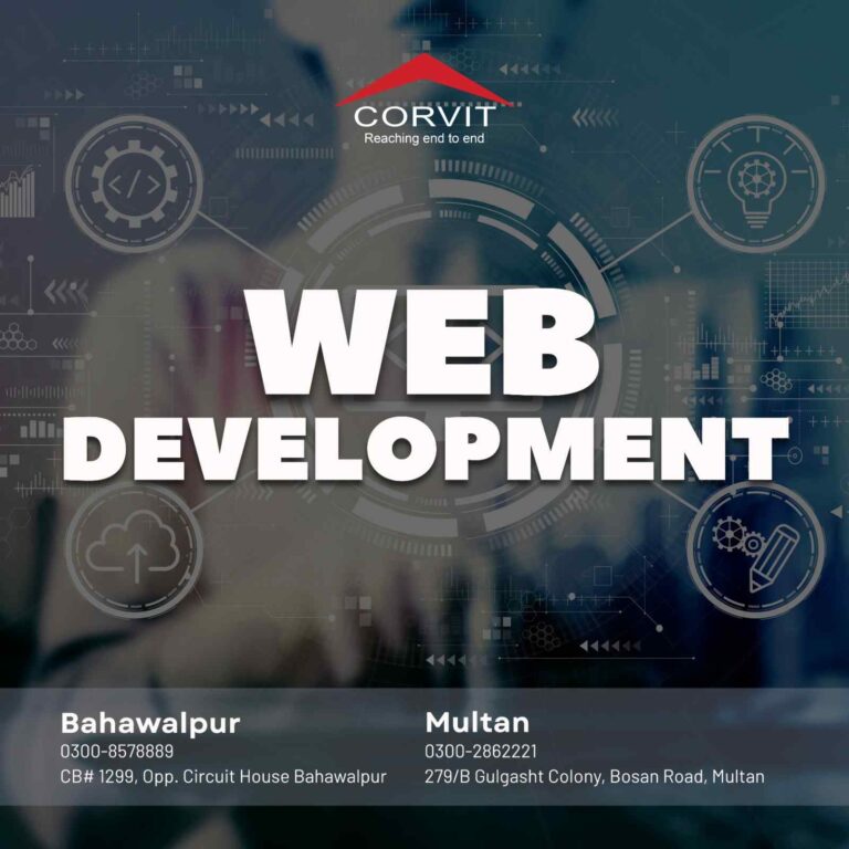 A web development student at Corvit Multan writing PHP code on a dual-monitor setup.
