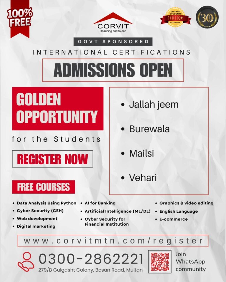 Corvit Systems Multan admissions poster for IT courses including Cyber Security and Digital Marketing for students from Burewala, Vehari, Mailsi, and Jallah Jeem.