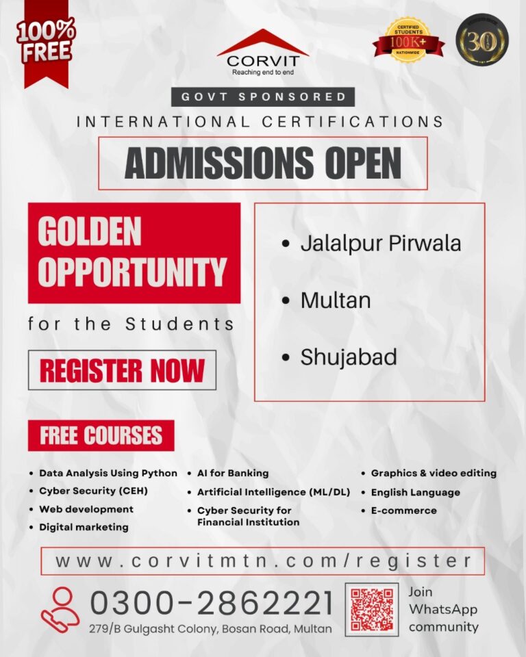 Corvit Systems Multan admissions poster for IT courses including Data Analysis and Digital Marketing for students from Jalalpur Pirwala, Multan, and Shujabad.